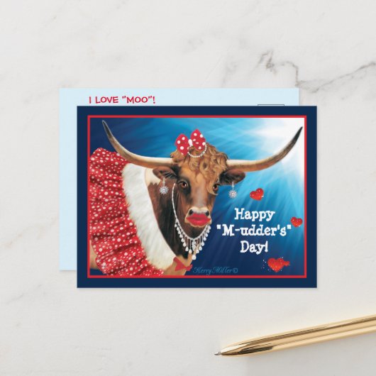Longhorn Koe Moederdag Briefkaart (Voorkant / Achterkant in situ)