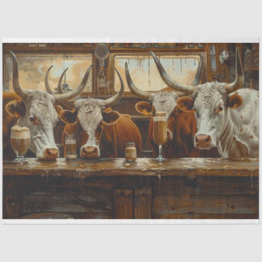 Longhorn Koeien bij de Westerne Dairy Bar Decoupag Tissuepapier (Voorkant)