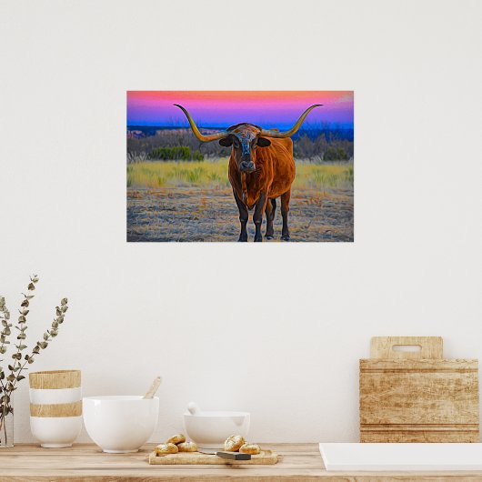 Longhorn op Sunset Poster (Keuken)