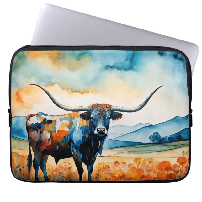 Longhorn Steer in a pasture Laptop Sleeve (Voorkant)