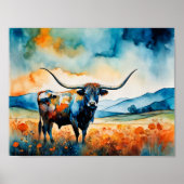 Longhorn Steer in a pasture Poster (Voorkant)