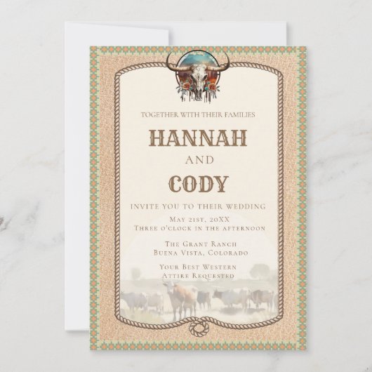 Longhorn Western Wrangler Wedding Invitation Kaart (Voorkant)