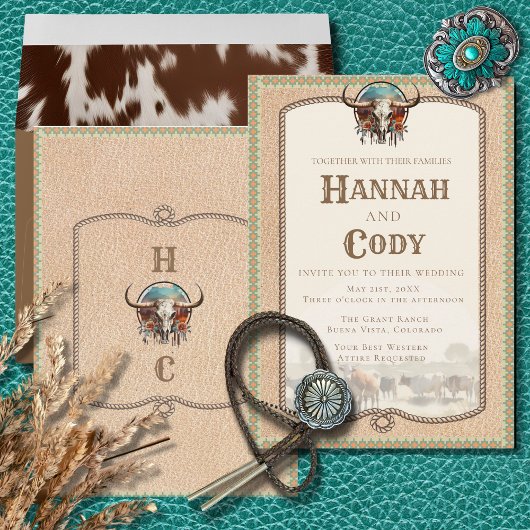 Longhorn Western Wrangler Wedding Invitation Kaart