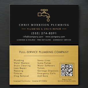 Loodgieter Zwart & Goud Metallic QR Code Visitekaartje