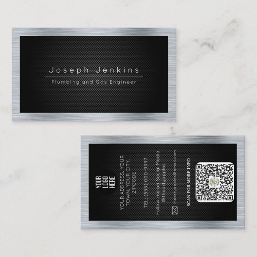 Loodgieter zwarte koolstofvezel en zilveren metaal visitekaartje (Voorkant / Achterkant)