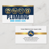 Loodgieterssilhouet op blauwe laag gouden streep visitekaartje (Voorkant / Achterkant)