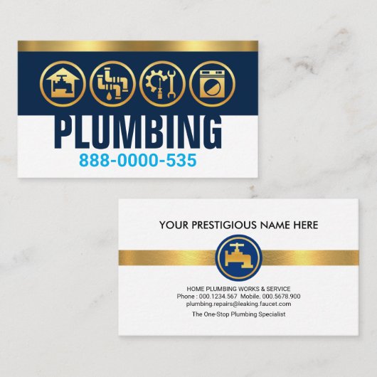 Loodgieterssilhouet op blauwe laag gouden streep visitekaartje (Voorkant / Achterkant)