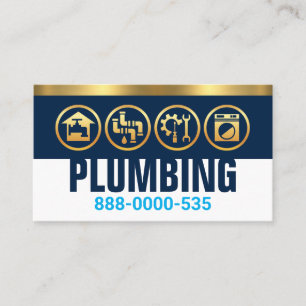 Loodgieterssilhouet op blauwe laag gouden streep visitekaartje