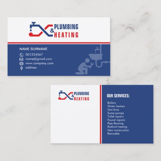 Loodgieterswerk en verwarming. Visitekaartje voor (Voorkant / Achterkant)
