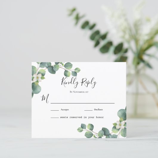 loof verlaat Eucalyptus Wedding RSVP-kaart (Staand voorkant)