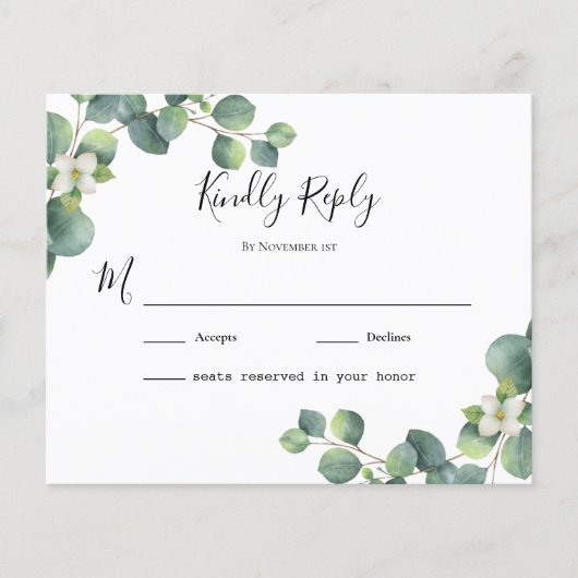 loof verlaat Eucalyptus Wedding RSVP-kaart (Voorkant)