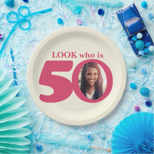 Look 50th birthday fotocrème roze papier bord (Feest)