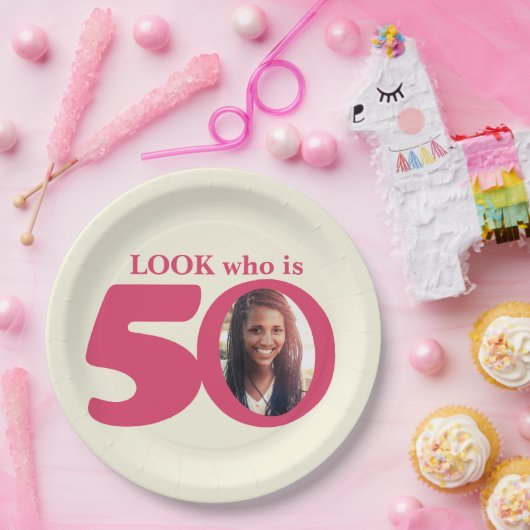 Look 50th birthday fotocrème roze papier bord (Feest)