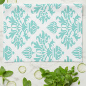 look Aqua Floral Damask, witte achtergrond Theedoek (Gevouwen)
