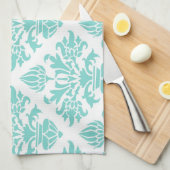 look Aqua Floral Damask, witte achtergrond Theedoek (Quarter Fold)