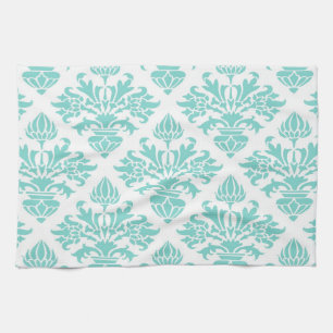 look Aqua Floral Damask, witte achtergrond Theedoek
