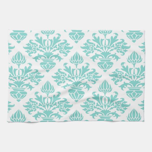 look Aqua Floral Damask, witte achtergrond Theedoek (Horizontaal)