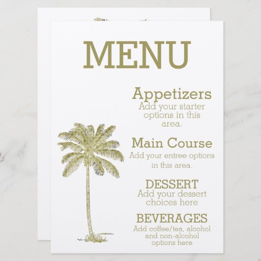 look kokosnoot palmboom strand bruiloft menu (Voorkant / Achterkant)