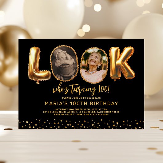 Look Who's 100 Black Gold Photo 100th Birthday Kaart