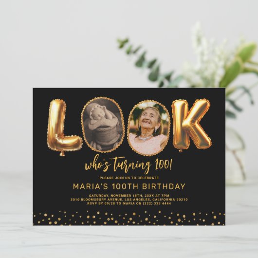 Look Who's 100 Black Gold Photo 100th Birthday Kaart (Staand voorkant)