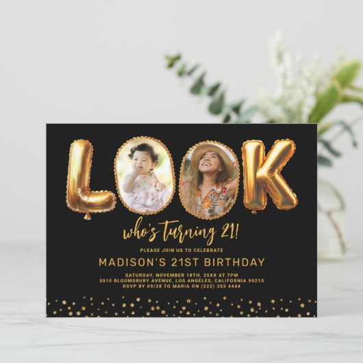 Look Who's 21 Black Gold Photo 21st Birthday Kaart (Staand voorkant)