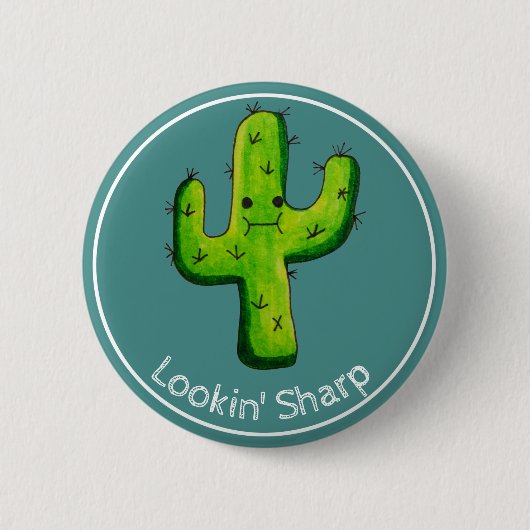 Lookin'Sharp Funny Waterverf Cactus Ronde Button 5,7 Cm (Voorkant)