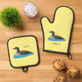 Loon bird cartoon illustratie ovenwant & pannenlap set (Top down)