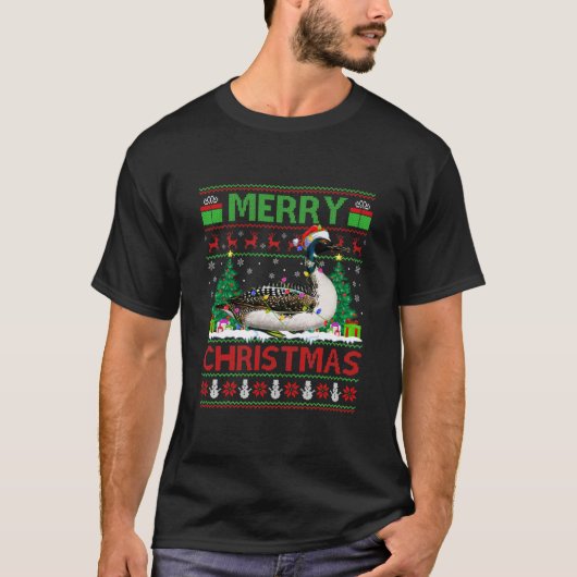 Loon Bird Lover Xmas Lighting Santa Ugly Loon T-shirt (Voorkant)