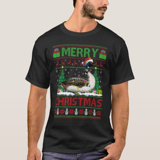 Loon Bird Xmas Tree Lights Ugly Santa Loon Christ T-shirt (Voorkant)