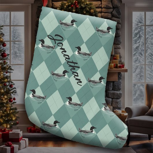 Loon Birds Soft Blauwgroen Argyle Pattern Lake Cab Grote Kerstsok