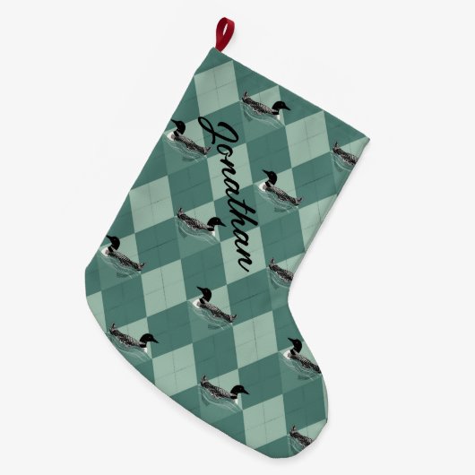 Loon Birds Soft Blauwgroen Argyle Pattern Lake Cab Grote Kerstsok (Voorkant (Hangend))