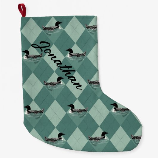 Loon Birds Soft Blauwgroen Argyle Pattern Lake Cab Grote Kerstsok (Voorkant)