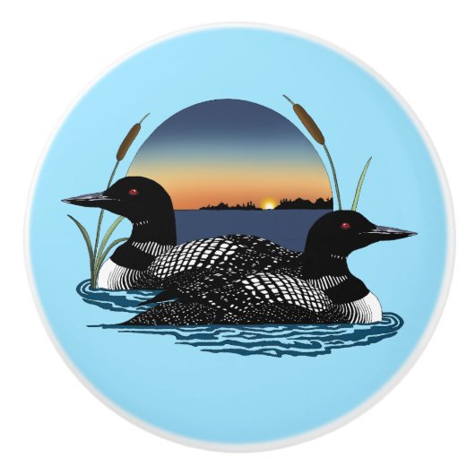 Loon paar zonsondergang blauw keramische knop (Voorkant)