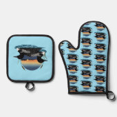 Loon paar zonsondergang blauw ovenwant & pannenlap set (Voorkant)