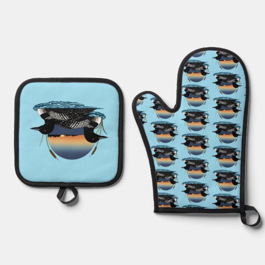 Loon paar zonsondergang blauw ovenwant & pannenlap set (Voorkant)