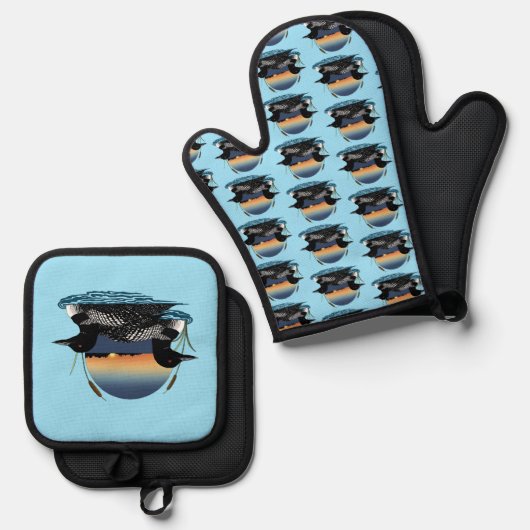 Loon paar zonsondergang blauw ovenwant & pannenlap set (Voorkant / Achterkant)