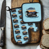 Loon paar zonsondergang blauw ovenwant & pannenlap set