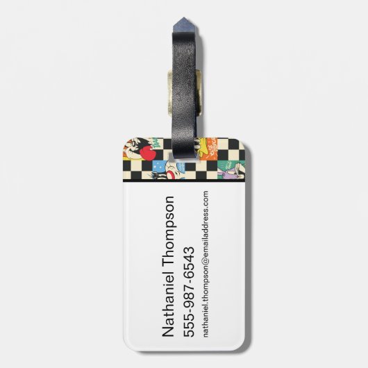LOONEY TUNES™-tekens op zwart-witchecker Bagagelabel (Achterkant verticaal)