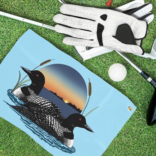 Loons Paar Zonsondergang Blauw Golfhanddoek