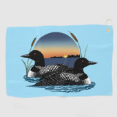 Loons Paar Zonsondergang Blauw Golfhanddoek (Horizontaal)
