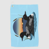 Loons Paar Zonsondergang Blauw Golfhanddoek (Voorkant)