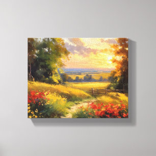 Loop door een bloemenveld bij zonsondergang canvas afdruk
