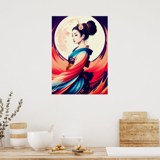Loop in het maanlicht Japanse Geisha Poster (Keuken)