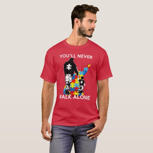 Loop nooit alleen vader en zoon autisme bewustzijn t-shirt (Voorkant volledig)