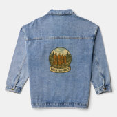 Loop voor Vrede – Minimalistische Monniken en Hond Denim Jacket (Achterkant)