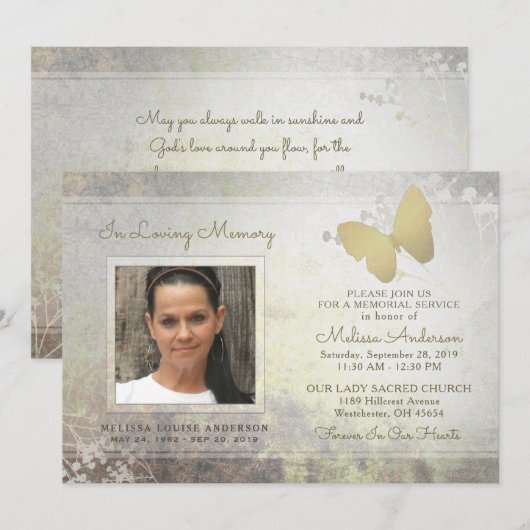 Loopende Memory Golden Butterfly Memorial Invite Kaart (Voorkant / Achterkant)