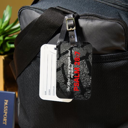 Loopvlak van motorband met Bijbelvers Psalm 28:7 Bagagelabel