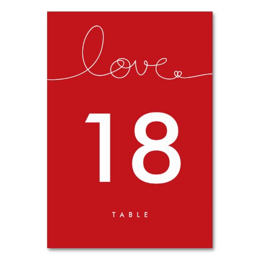 Loopy Love Red Heart Wedding Table Number Kaart (Achterkant)