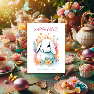 Lop Ear Rabbit Spring Flowers Waterverf Pasen Feestdagenkaart