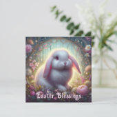 Lop Eared Bunny Pink Floral Art Nouveau Pasen Feestdagenkaart (Staand voorkant)